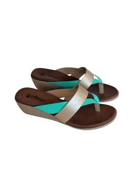 Secret Celebrity Eclipse Thong Style Wedge Sandals 11M Gold Teal/Green